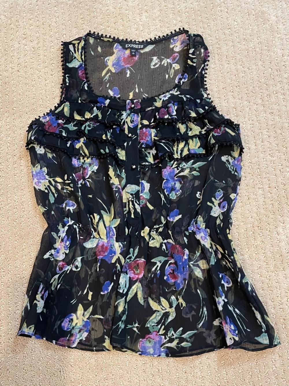 Express Ruffle Floral Tank Top with Pom Pom Trim Size S